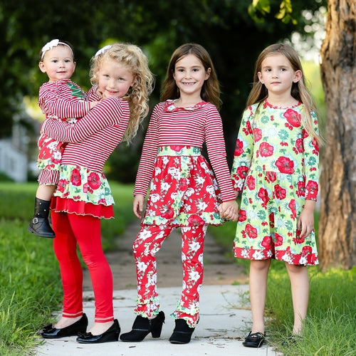 AnnLorenGirls Boutique Red Christmas Floral Holiday Dress Legging Set