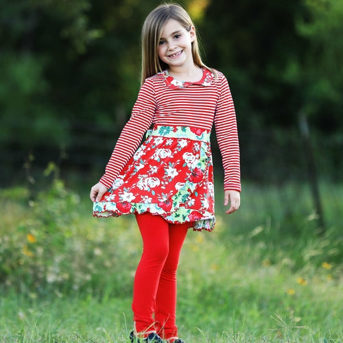 AnnLorenGirls Boutique Red Christmas Floral Holiday Dress Legging Set