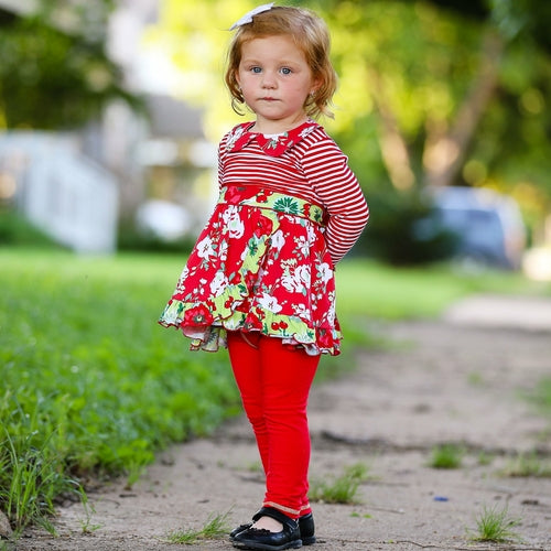AnnLorenGirls Boutique Red Christmas Floral Holiday Dress Legging Set